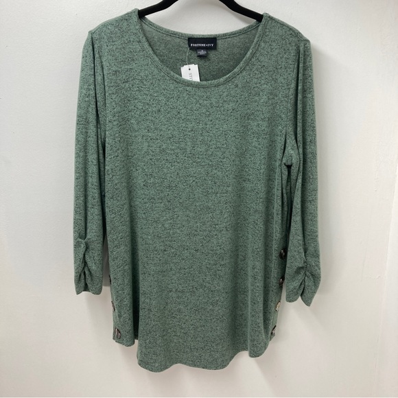 Fortune + Ivy Tops - Fortune + Ivy Stitch Fix Amie Button Detail Ruched Sleeve Knit Top Olive Size M